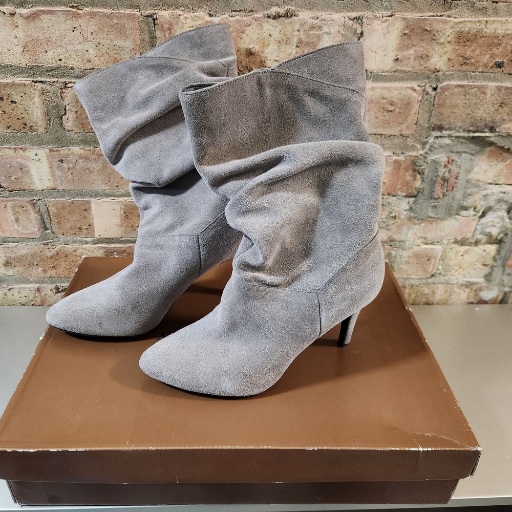 Audrey Brooke Gray Suede Heeled Boots with Ruched Design